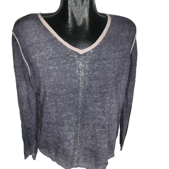Parkhurst Blue V-Neck Sweater with Pink Trim and Rhinestone Details XL - Picture 1 of 6
